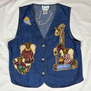 VTG Quacker Factory Denim Vest with Gold Bear Design